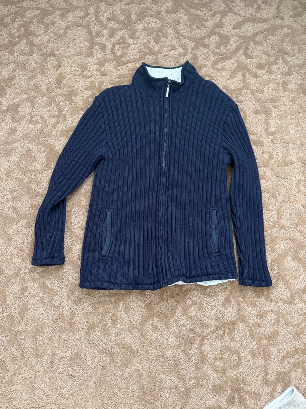 Paul & Shark Navy Ribbed Zip-Up Sweater with Quilted Lining XL